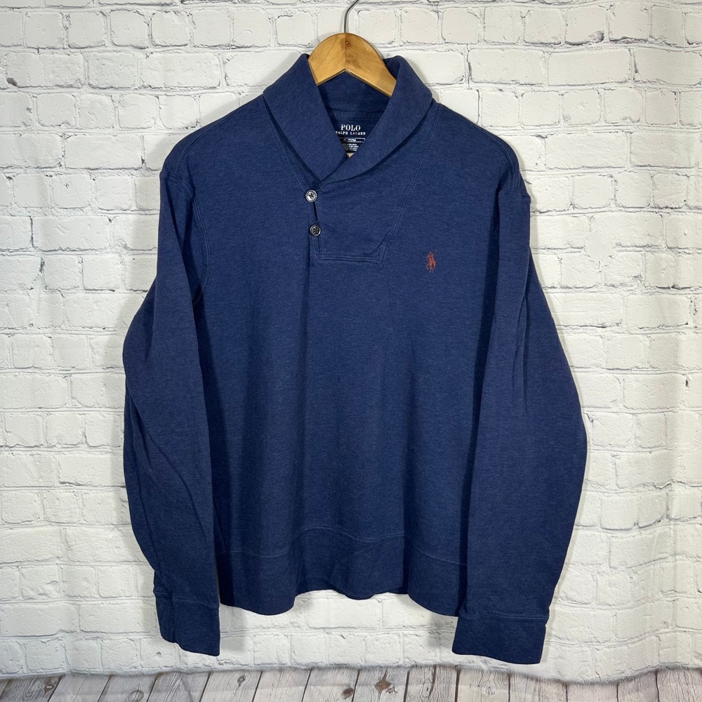 Polo Ralph Lauren Mens Shawl Collar Button Pullover Sweatshirt Navy Blue Medium